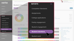 Left menu is open in a Xello educator account. The Report dropdown is open and Student intentions is being selected.